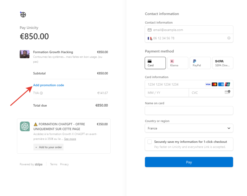 utilisation du code promo